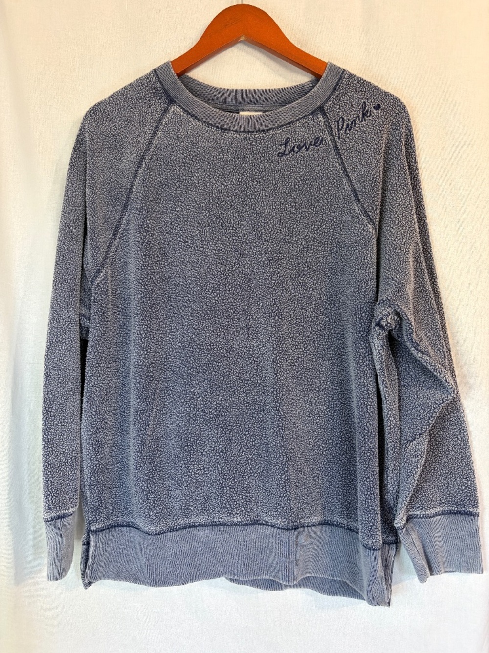 PINK Victoria's Secret Women's Medium Sweatshirt Blue Embroidered Reverse Fleece